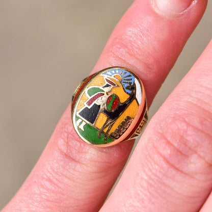 14K ChampleveEnamel Cigar Band Ring, Colorful Scene Of Man & Alpaca, Men's Pinky Ring, Size 4 1/4 US