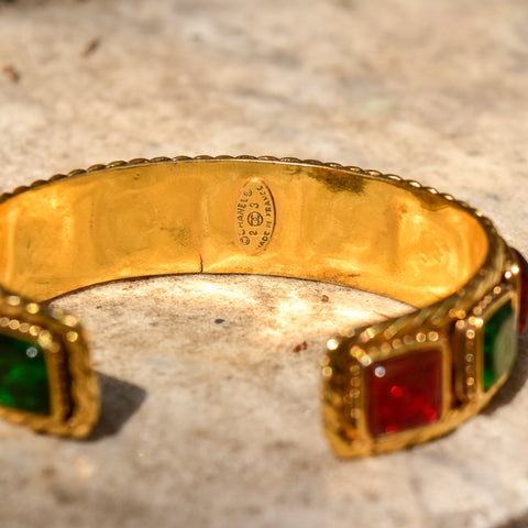 1980's CHANEL Gripoix Byzantine Cuff Bracelet, Multi-Color Glass, Large Gold-Tone Cuff, Designer, 6 1/2" L