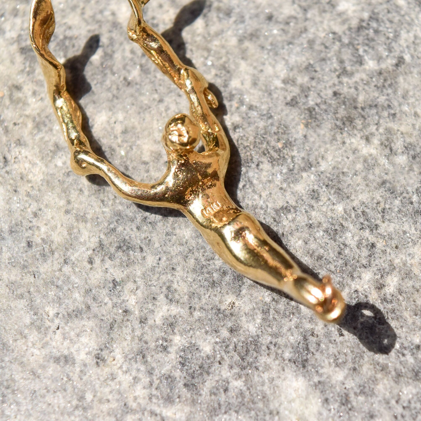 Solid 14K Flying Trapeze Acrobat Pendant, Sculpted Yellow Gold Figural Pendant/Charm, Estate Jewelry, 3 1/8" L