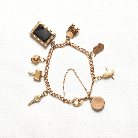 Eclectic 14K Charm Bracelet W/ Large Cameo Locket, Cute Gold Figurine Charms, 4.5mm Curb Link Chain, 7 3/4" L - Good's Vintage