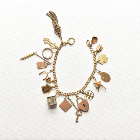 Eclectic 14K Charm Bracelet, Fun Mix Of Gold Charms, 4mm Curb Link Chain, 7" L - Good's Vintage