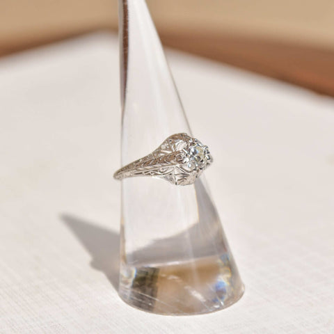 Edwardian Revival 1 CT Platinum Diamond Solitaire Laurel Foliate Engagement Ring, Estate Jewelry, Size 5 1/2 US - Good's Vintage