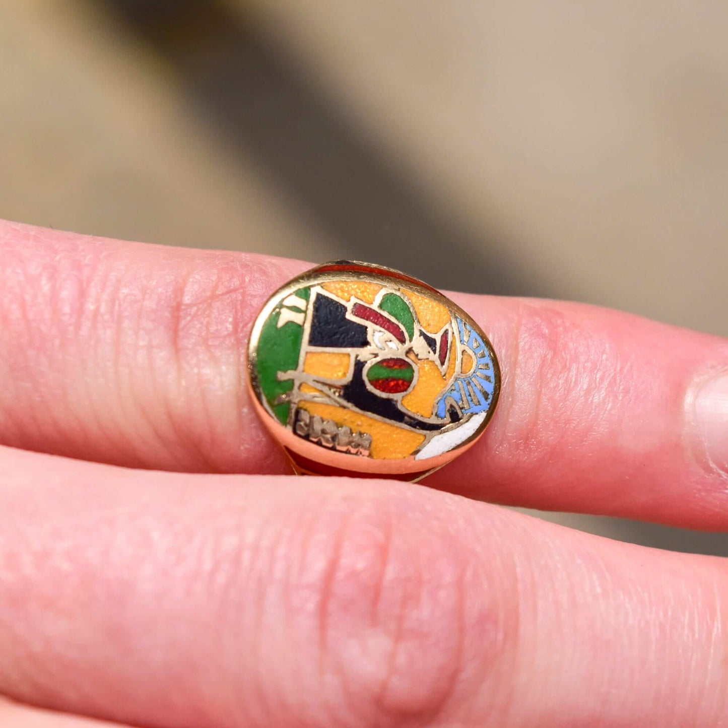 14K ChampleveEnamel Cigar Band Ring, Colorful Scene Of Man & Alpaca, Men's Pinky Ring, Size 4 1/4 US