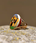 14K Champlev Enamel Cigar Band Ring, Colorful Scene Of Man & Alpaca, Men's Pinky Ring, Size 4 1/4 US - Good's Vintage