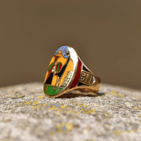 14K Champlev Enamel Cigar Band Ring, Colorful Scene Of Man & Alpaca, Men's Pinky Ring, Size 4 1/4 US - Good's Vintage