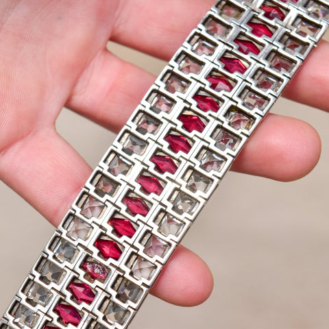 French Art Deco Sterling Silver Ruby Paste Bracelet, Wide Articulated Link Cuff, Estate Jewelry, 6 3/4" L - Good's Vintage