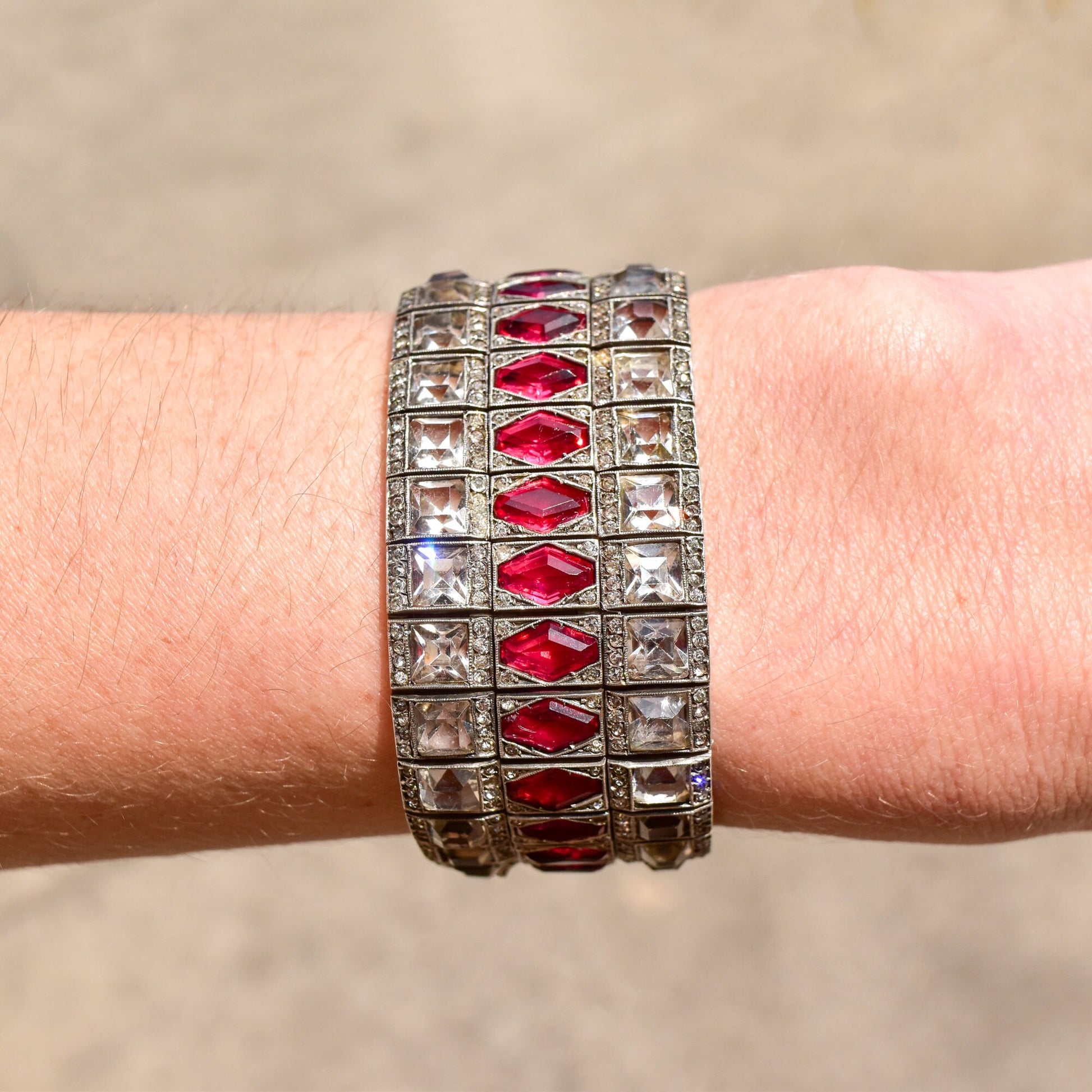 French Art Deco sterling silver ruby paste wide articulated link cuff bracelet, estate jewelry, 6 3/4 inches long, shown on wrist