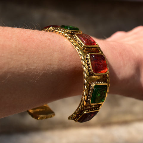 1980's CHANEL Gripoix Byzantine Cuff Bracelet, Multi-Color Glass, Large Gold-Tone Cuff, Designer, 6 1/2" L