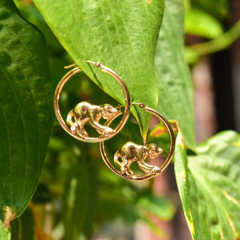 14K Yellow Gold Cat Hoop Earrings, Playing Cat Circle Tube Hoops, Estate Jewelry, 30mm
