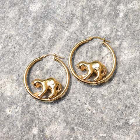 14K Yellow Gold Cat Hoop Earrings, Playing Cat Circle Tube Hoops, Estate Jewelry, 30mm