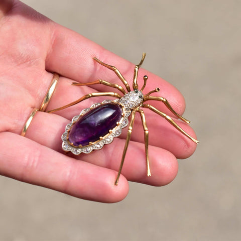 Art Deco 14K Diamond Encrusted Amethyst Spider Brooch, Scalloped White Gold Edges, Green Emerald Accents, 2 1/2"