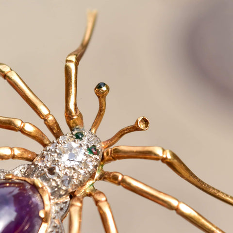 Art Deco 14K Diamond Encrusted Amethyst Spider Brooch, Scalloped White Gold Edges, Green Emerald Accents, 2 1/2"