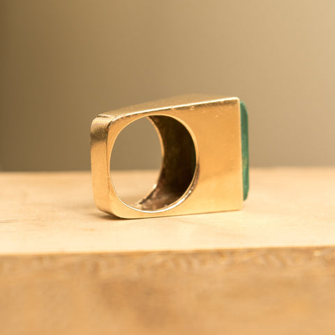 Modernist 14K Malachite Tall Square Ring, Polished Geometric Design, Estate Jewelry, 6 US