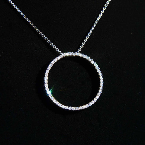 14K White Gold Diamond Open Circle Pendant Necklace, 50 Diamond Eternal Love Pendant, 1mm White Gold Cable Chain, 1 TCW, 24" L