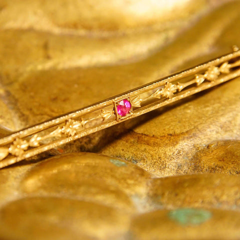 Art Deco 10K Yellow Gold Ruby Bar Pin, Floral Embellishments, Pink Ruby Accent, 57mm