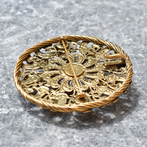 Vintage CHANEL France Byzantine Style Gripoix Glass Gold Leaf Brooch Pendant, Estate Jewelry, 2 5/8"