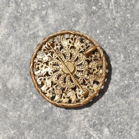 Vintage CHANEL France Byzantine Style Gripoix Glass Gold Leaf Brooch Pendant, Estate Jewelry, 2 5/8"