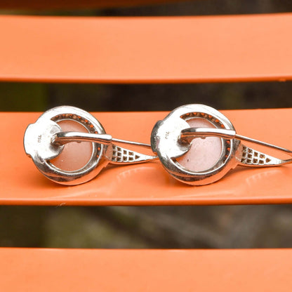 18K Two-Tone Peach Moonstone Lever Back Earrings, Pink/Orange Sapphire & Diamond Pave, Estate Jewelry, 30mm