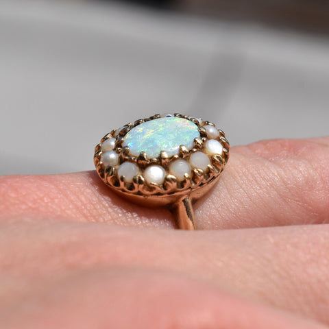 Estate 10K Opal Seed Pearl Halo Cocktail Ring, Yellow Gold Flower Cluster Ring, October Birthstone, 6 3/4 US
