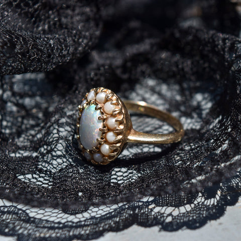 Estate 10K Opal Seed Pearl Halo Cocktail Ring, Yellow Gold Flower Cluster Ring, October Birthstone, 6 3/4 US
