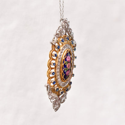 Toliro Italy 18K Diamond Encrusted Sapphire Enamel Flower Brooch Pendant, Estate Jewelry, 54mm