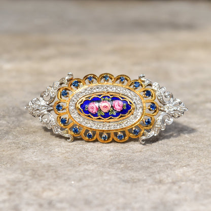 Toliro Italy 18K Diamond Encrusted Sapphire Enamel Flower Brooch Pendant, Estate Jewelry, 54mm