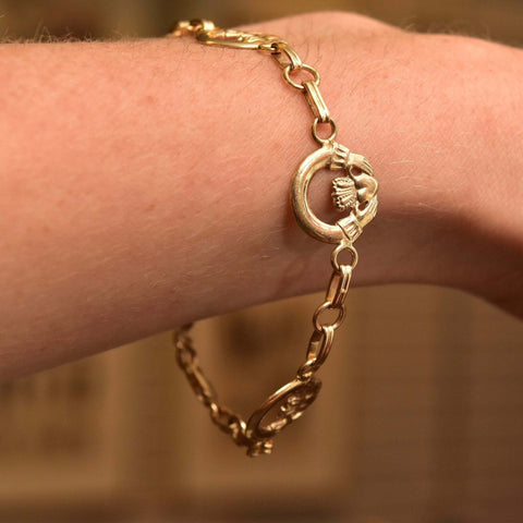 14K Irish Claddagh Link Bracelet In Yellow Gold, Symbol Of Love, Loyalty & Friendship, Vintage Jewelry, 7 3/4" L
