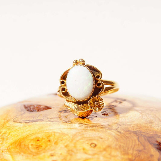 14K Yellow Gold Flower/Leaf Opal Ring, Natural White Opal Cabochon, Native American Navajo Style, Bohemian Gold Ring, Size 6 1/2 US