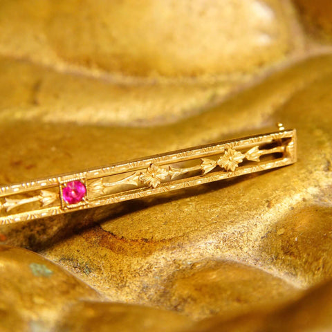 Art Deco 10K Yellow Gold Ruby Bar Pin, Floral Embellishments, Pink Ruby Accent, 57mm