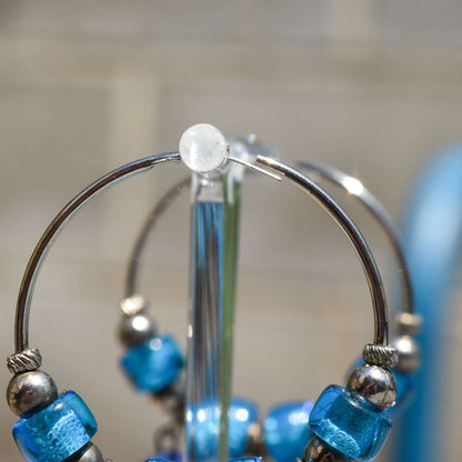 Chunky Beaded Hoop Earrings, Medium Sterling Silver Huggie Hoops, Colorful Blue/Purple Bead Charms, 7.5 cm L