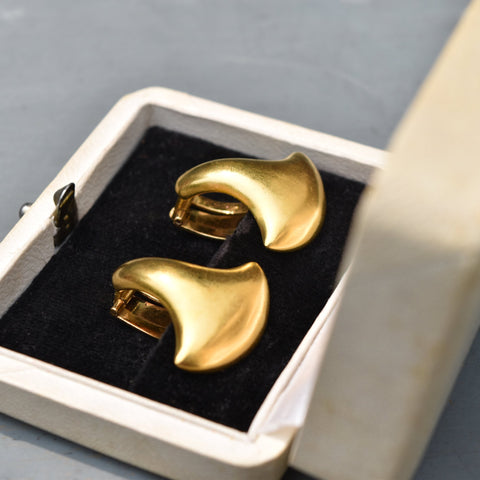 Modernist 18K Yellow Gold Clip-On Earrings, Satin Finish, Estate Jewelry, 25mm
