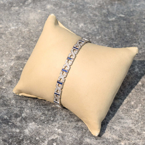 18K White Gold Diamond Sapphire Infinity Link Bracelet, Vintage Diamond Tennis Bracelet, Estate Jewelry, 7" L