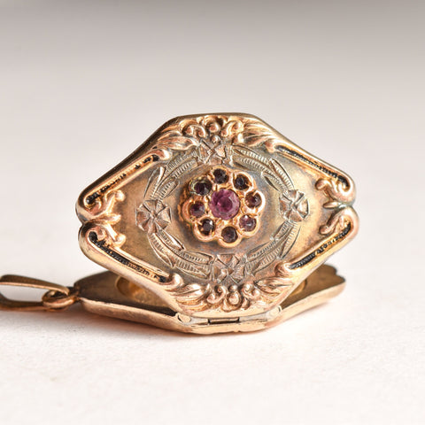 Antique GF Locket W/ Gemstone Flower Cluster, Etched Floral Motifs, Repousse Design, Victorian Jewelry, 37mm