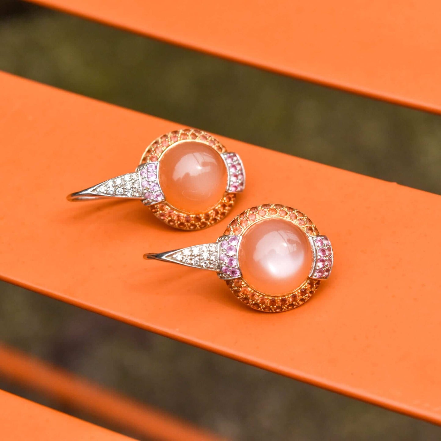 18K Two-Tone Peach Moonstone Lever Back Earrings, Pink/Orange Sapphire & Diamond Pave, Estate Jewelry, 30mm