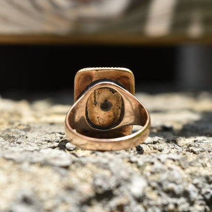 Victorian 14K Bloodstone Signet Ring, Sleek Bevel Cut Stone In Pleated Yellow Gold Setting, Estate Jewelry, 9 3/4 US