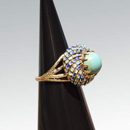 Turquoise Cabochon Enamel Bombe Ring In 14K Yellow Gold, Blue Scale Design, Estate Jewelry, 6 1/2 US