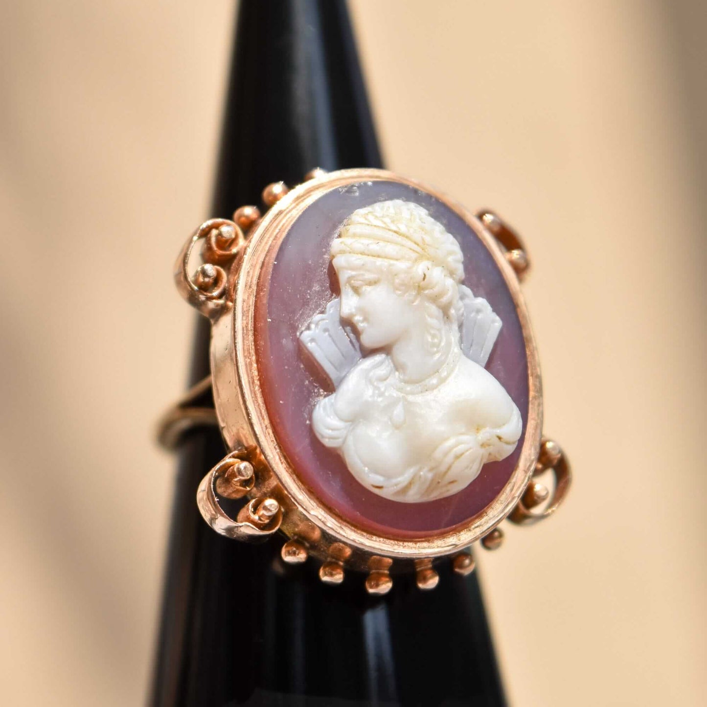 Large 14K Hardstone Cameo Ring In Rose Gold, Ornate Scroll Motifs, Estate Jewelry, Size 7 1/2 US