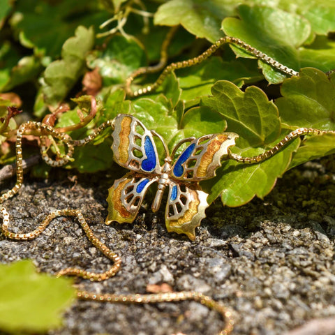 Italian 18K Enamel Butterfly Pendant Necklace, Elegant Yellow Gold Necklace, Estate Jewelry, 15 1/2" L