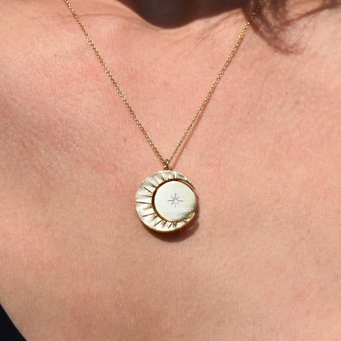 Mother Of Pearl Crescent Moon Pendant Necklace, Reversible Swivel Disc, CZ Diamonds, Gold-Plated Brass, 18" L