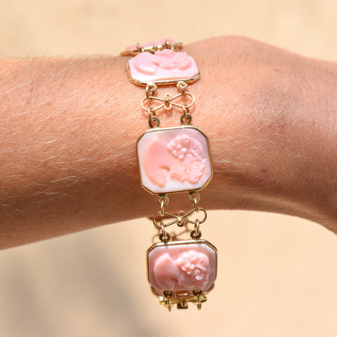 Italian 14K Pink Signed Cameo Link Bracelet, M+M SCOGNAMIGLIO, Estate Jewelry,