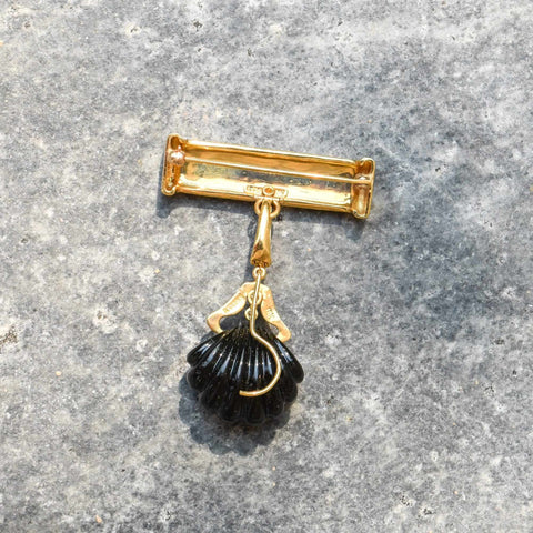 Andrew Clunn 18K Diamond Onyx Shell Dangle Brooch, Hammered Yellow Gold Bar Pin W/ Removable Pendant, 6cm