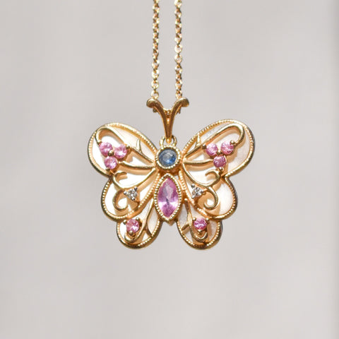Mother Of Pearl Gemstone Butterfly Pendant In 14K Yellow Gold, Diamonds Accents, Estate Jewelry, 22mm