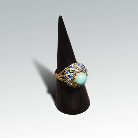 Turquoise Cabochon Enamel Bombe Ring In 14K Yellow Gold, Blue Scale Design, Estate Jewelry, 6 1/2 US