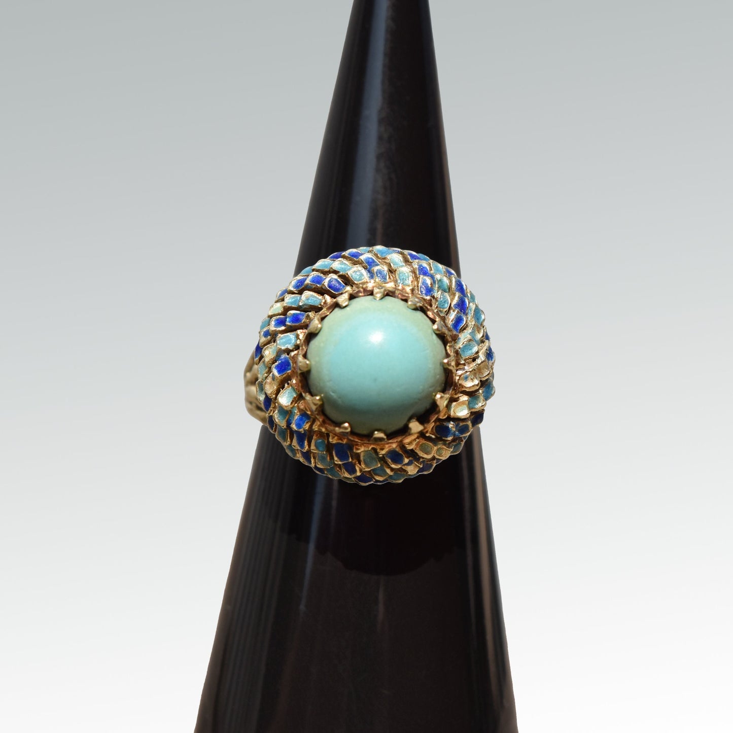 Turquoise Cabochon Enamel Bombe Ring In 14K Yellow Gold, Blue Scale Design, Estate Jewelry, 6 1/2 US