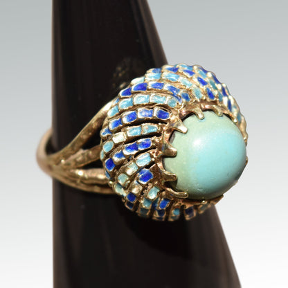 Turquoise Cabochon Enamel Bombe Ring In 14K Yellow Gold, Blue Scale Design, Estate Jewelry, 6 1/2 US