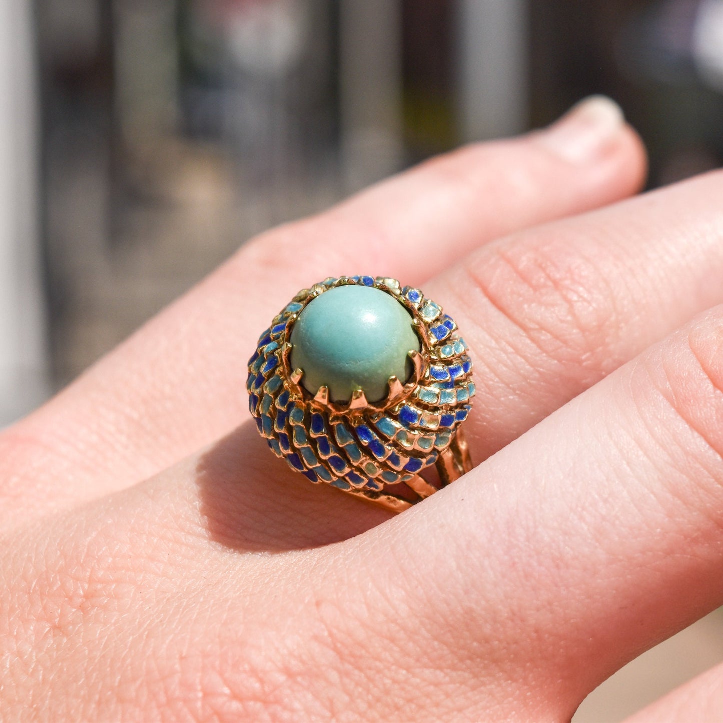 Turquoise Cabochon Enamel Bombe Ring In 14K Yellow Gold, Blue Scale Design, Estate Jewelry, 6 1/2 US