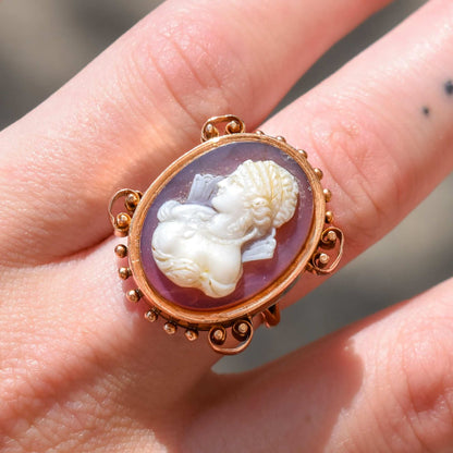 Large 14K Hardstone Cameo Ring In Rose Gold, Ornate Scroll Motifs, Estate Jewelry, Size 7 1/2 US