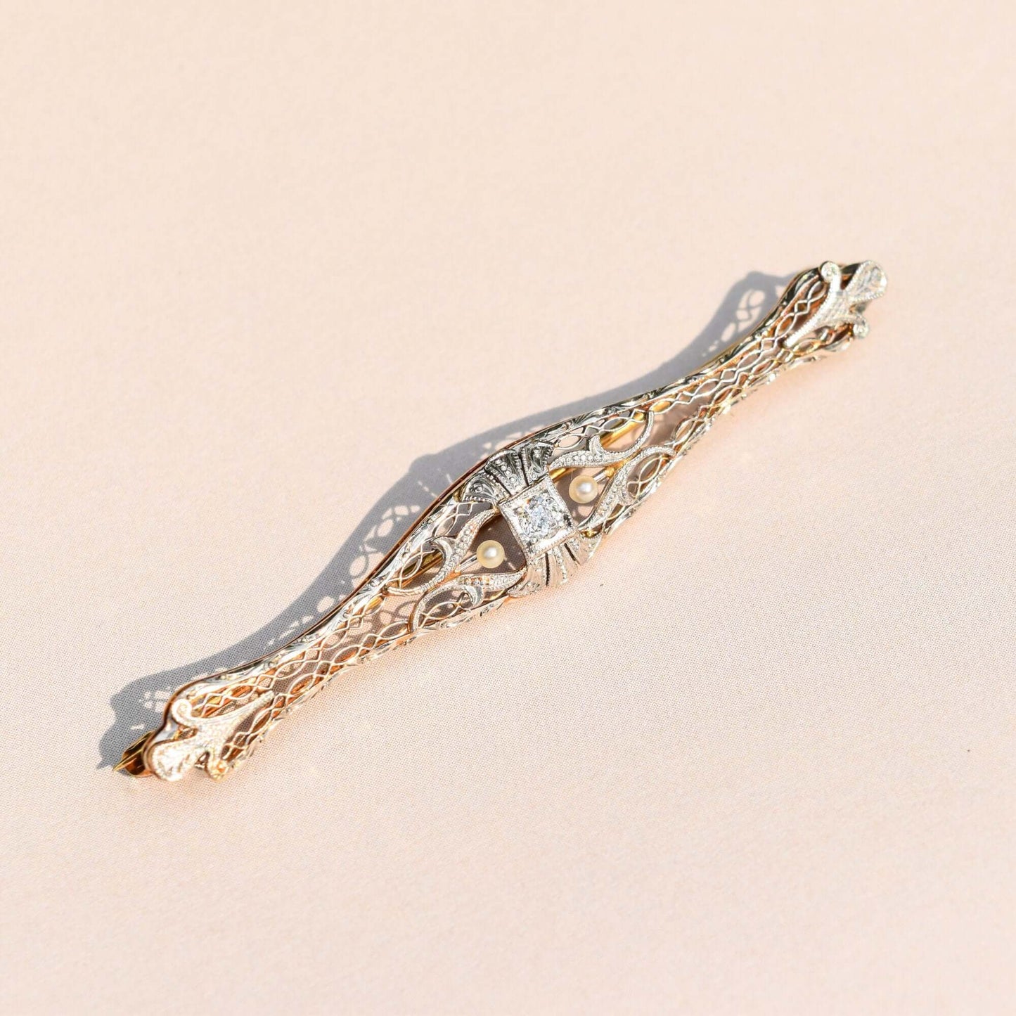 Edwardian 14K Platinum Filigree Diamond Seed Pearl Bar Pin, OEC Diamond, Estate Jewelry, 61mm