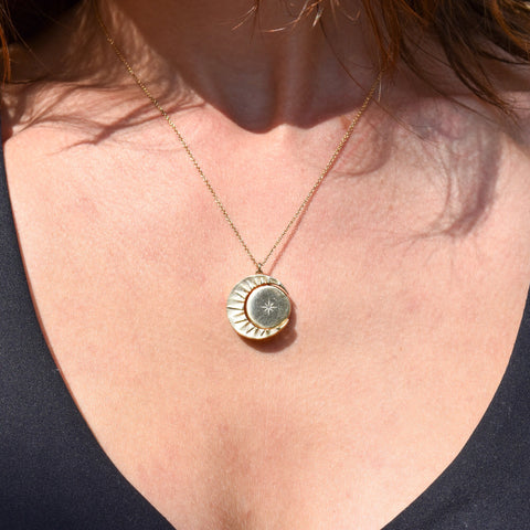 Mother Of Pearl Crescent Moon Pendant Necklace, Reversible Swivel Disc, CZ Diamonds, Gold-Plated Brass, 18" L