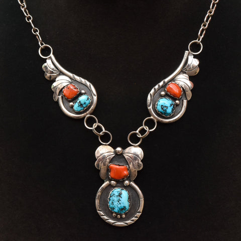 Native American Turquoise & Coral Y-Necklace In Sterling Silver, Natural Gemstone Pendant, 20.5" L